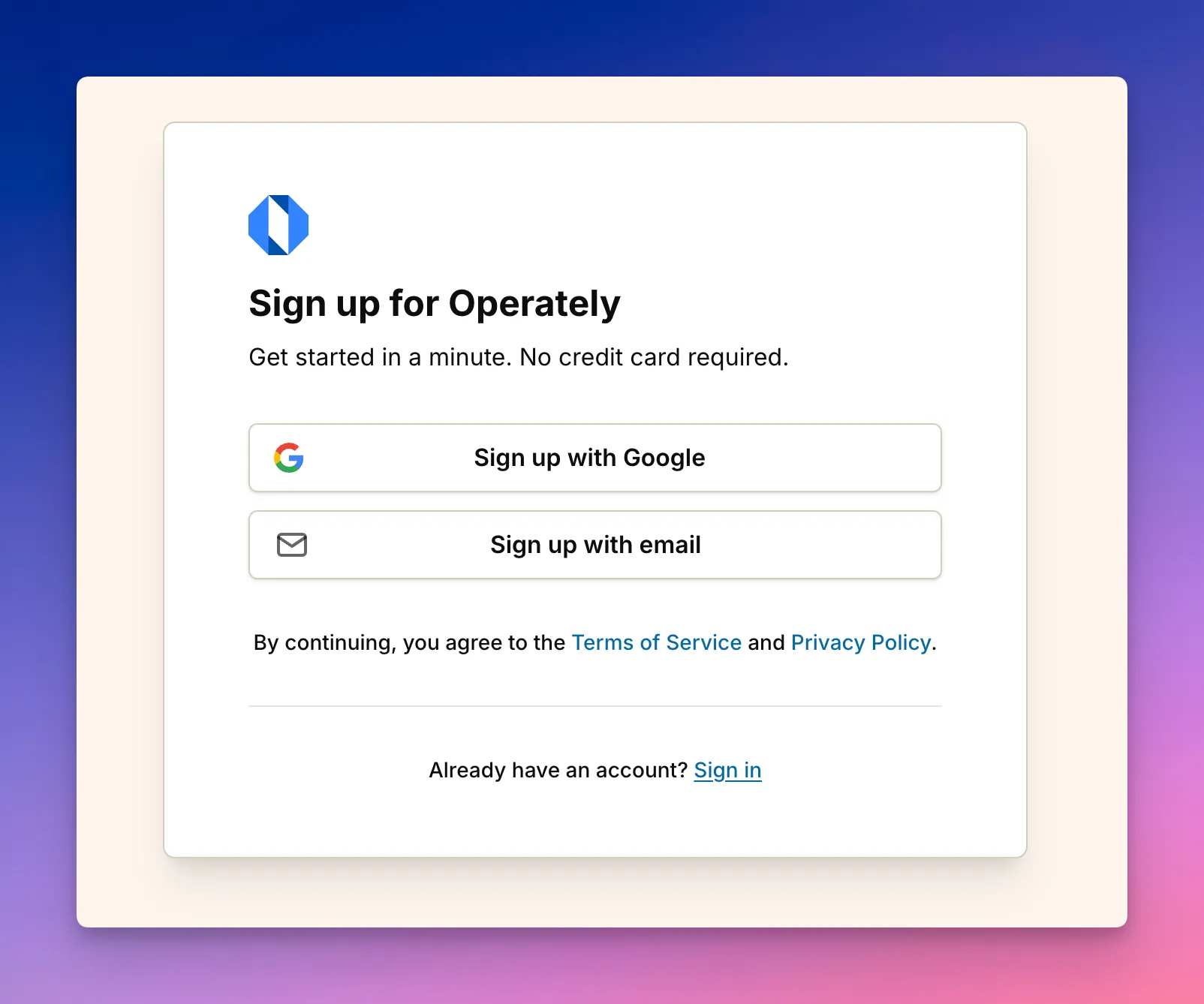 Screenshot: Initial sign-up screen with Google and email options